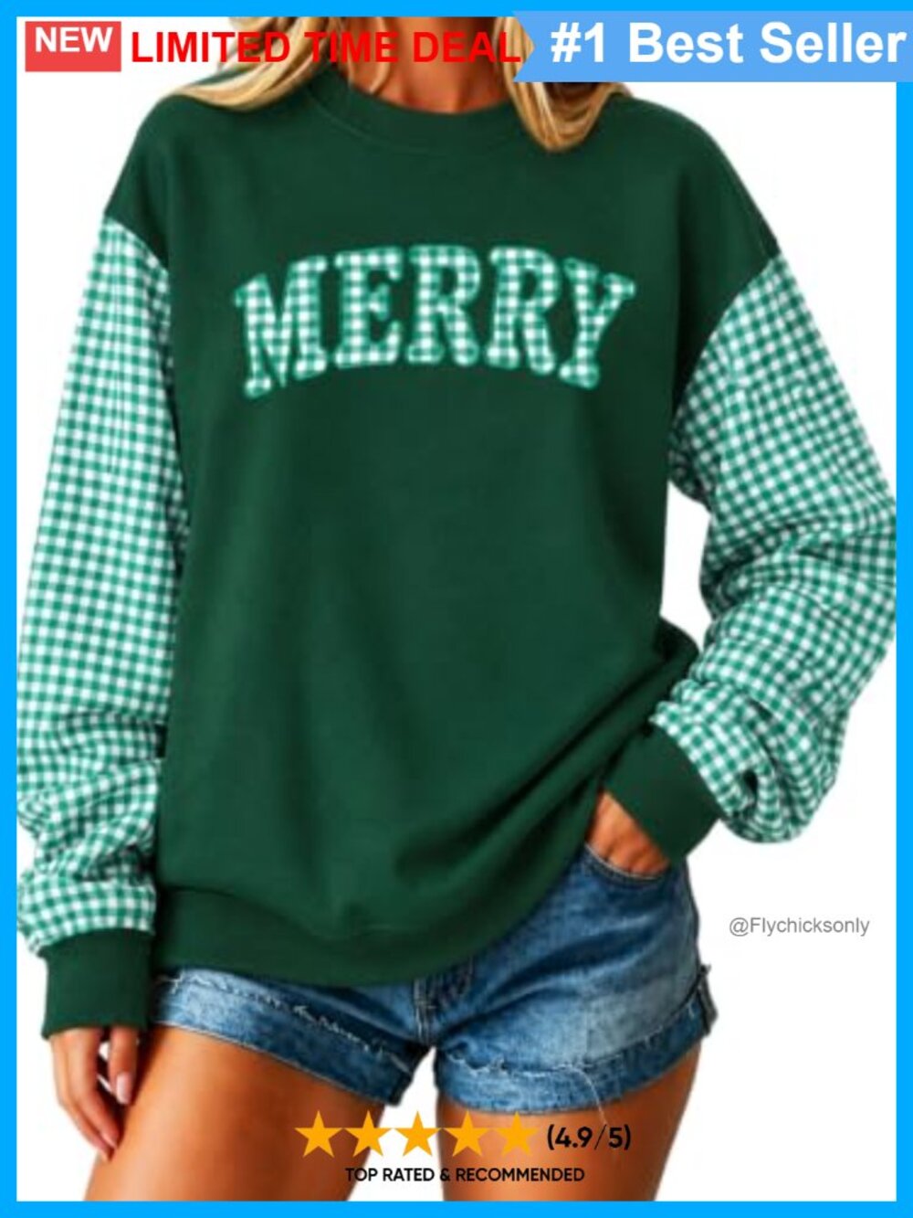 KIDDAD Women's Christmas Applique Sweatshirt Gingham Sleeve Pullover